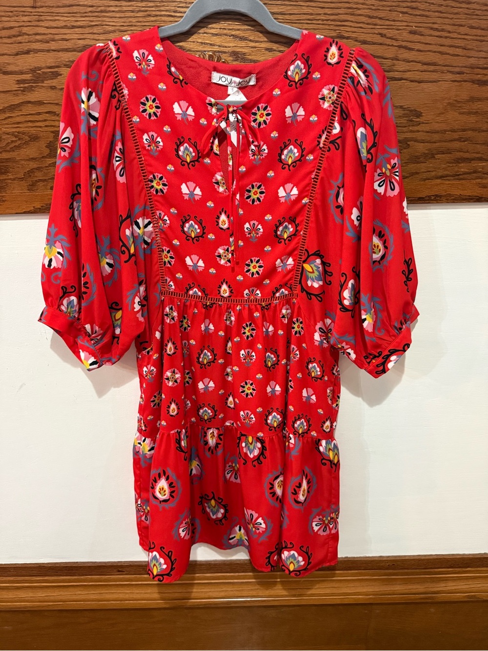 Joy Joy Red Floral Tie-Neck Mini Dress